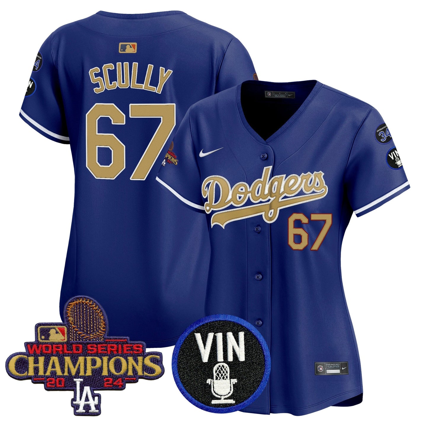 Women's Dodgers 2025 Vin Scully & #34 Fernando Patch Gold Vapor Premier Limited Jersey - All Stitched