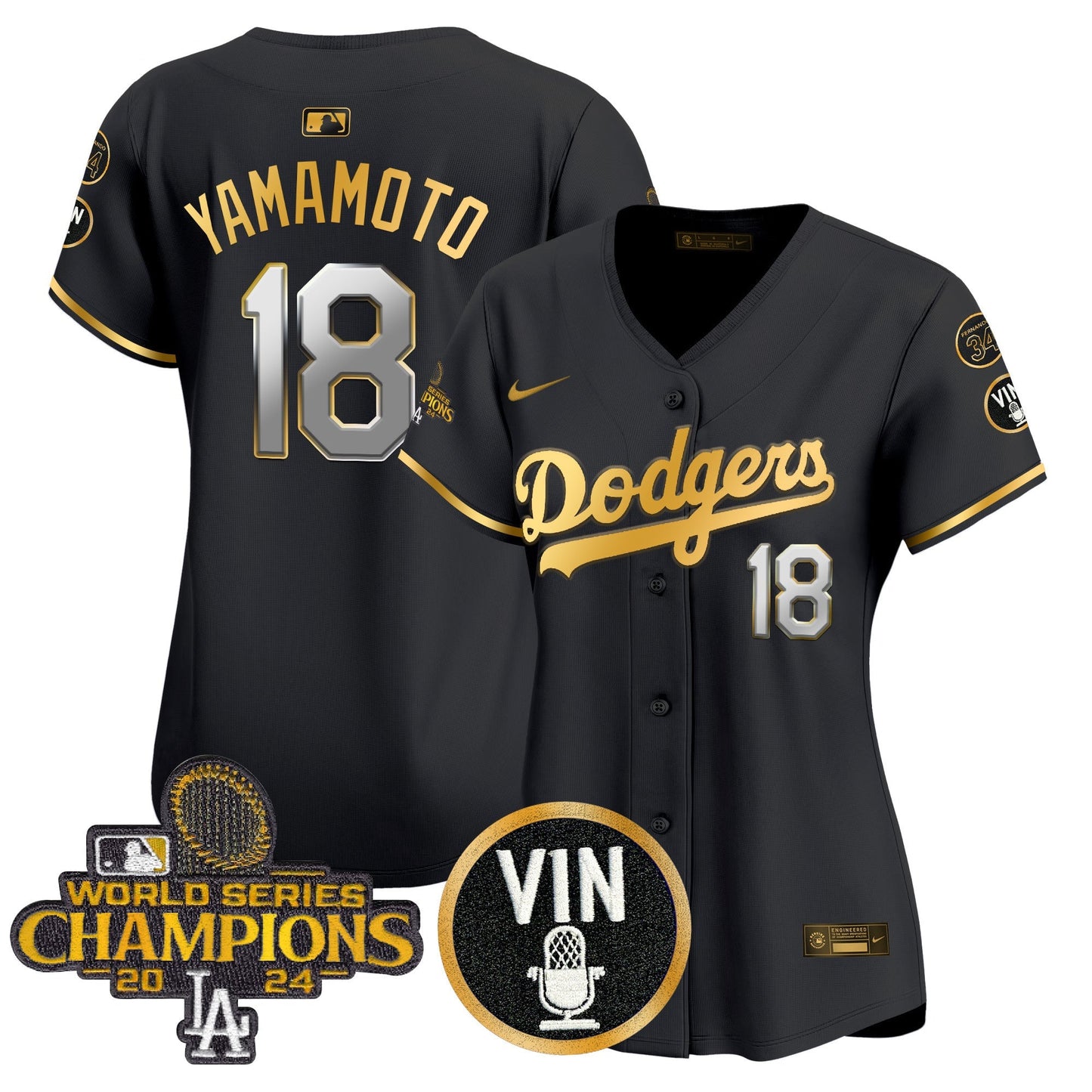 Women's Dodgers 2025 Vin Scully & #34 Fernando Patch Gold Vapor Premier Limited Jersey - All Stitched