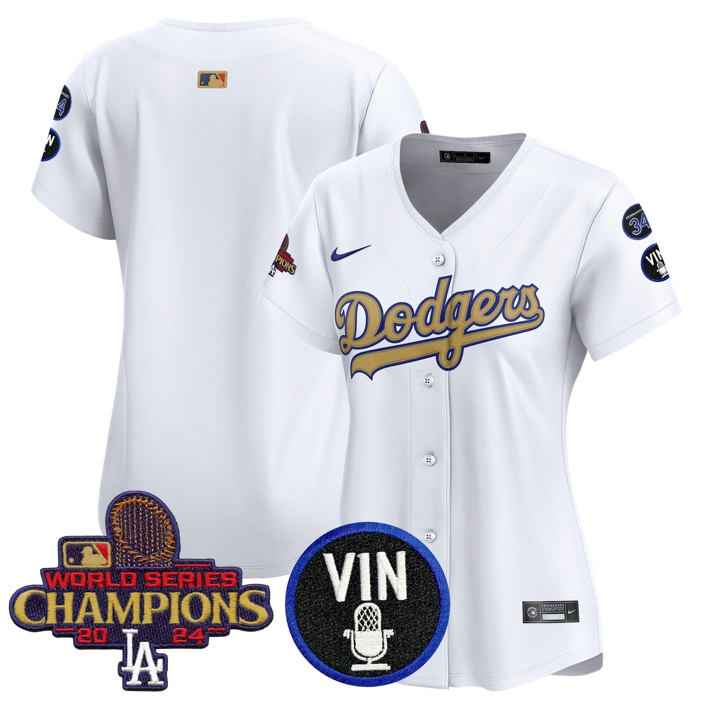 Women's Dodgers 2025 Vin Scully & #34 Fernando Patch Gold Vapor Premier Limited Jersey - All Stitched