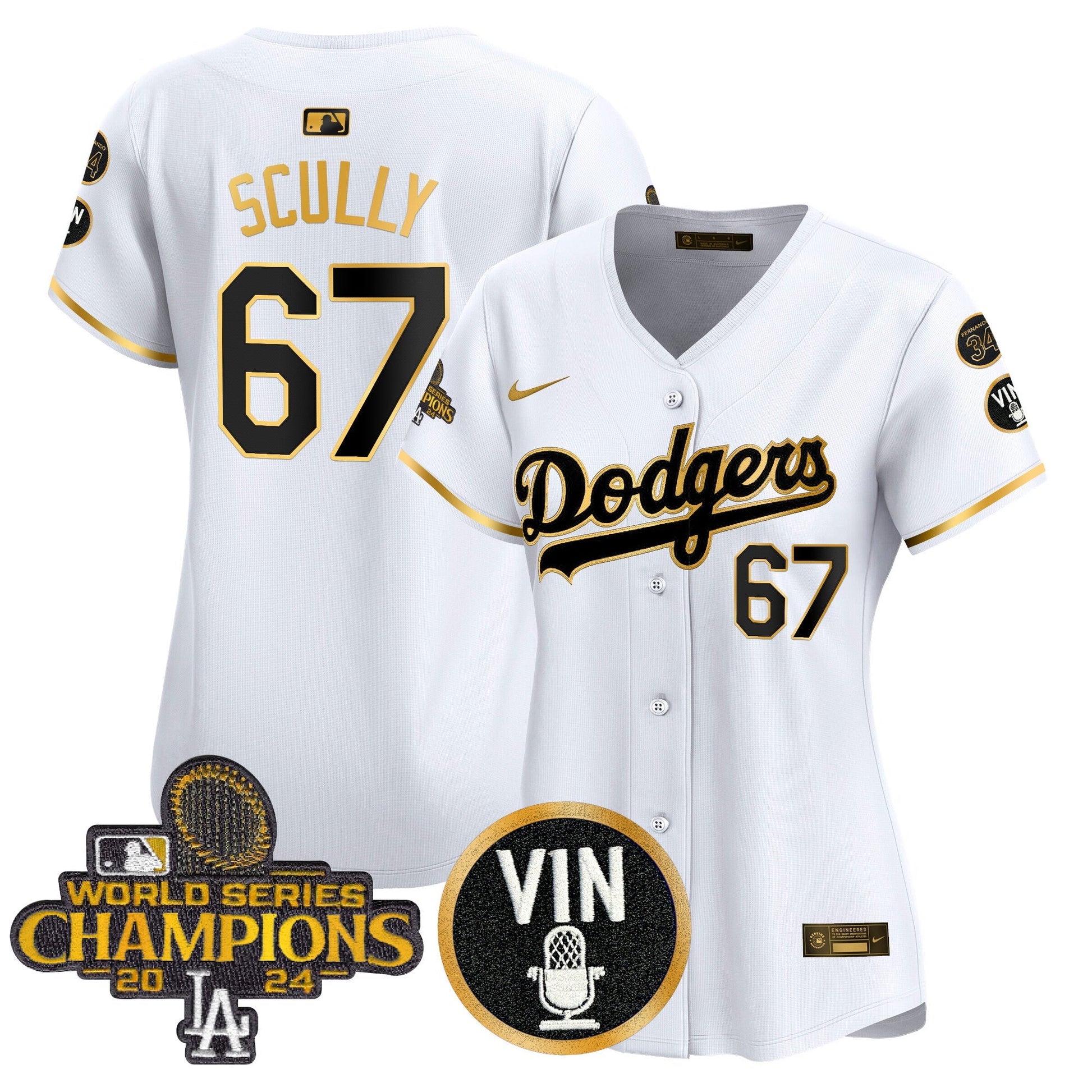 Women's Dodgers 2025 Vin Scully & #34 Fernando Patch Gold Vapor Premier Limited Jersey - All Stitched
