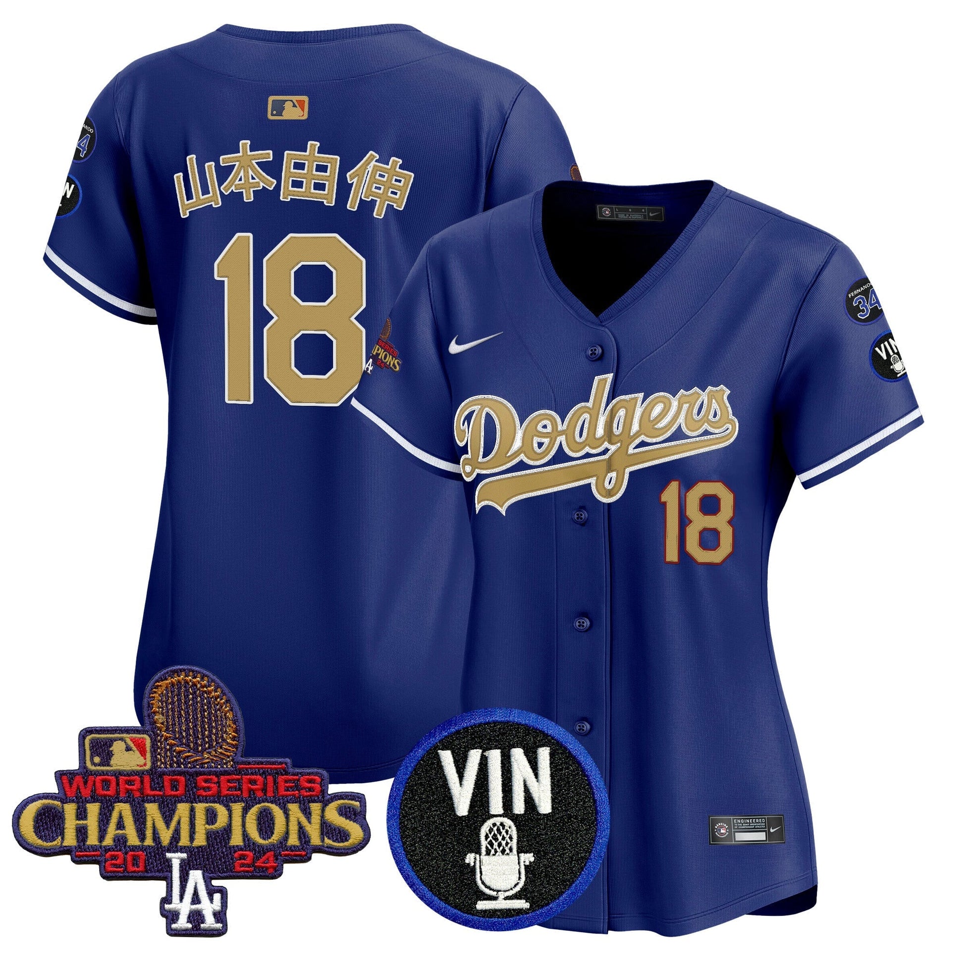 Women's Dodgers 2025 Vin Scully & #34 Fernando Patch Gold Vapor Premier Limited Jersey - All Stitched