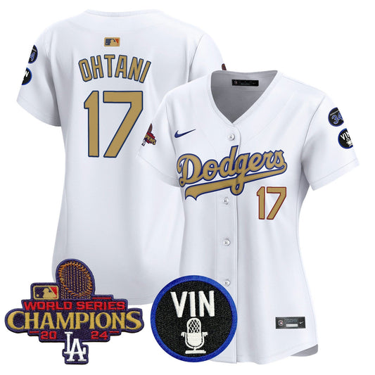 Women's Dodgers 2025 Vin Scully & #34 Fernando Patch Gold Vapor Premier Limited Jersey - All Stitched