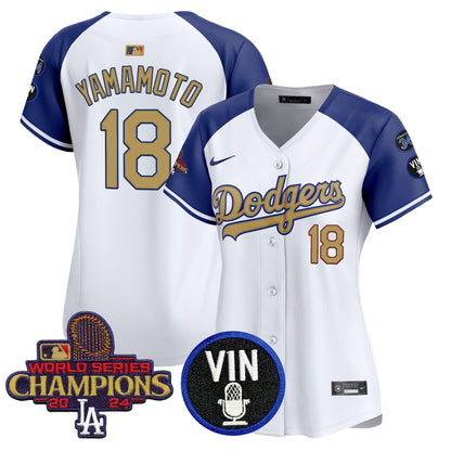 Women's Dodgers 2025 Vin Scully & #34 Fernando Patch Gold Vapor Premier Limited Jersey - All Stitched