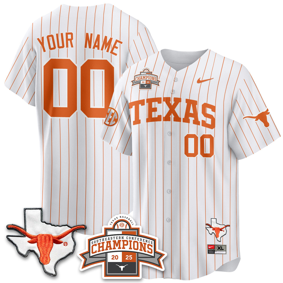 Custom Texas Baseball 2025 Southeastern Conference Champions Jersey - All Stitched