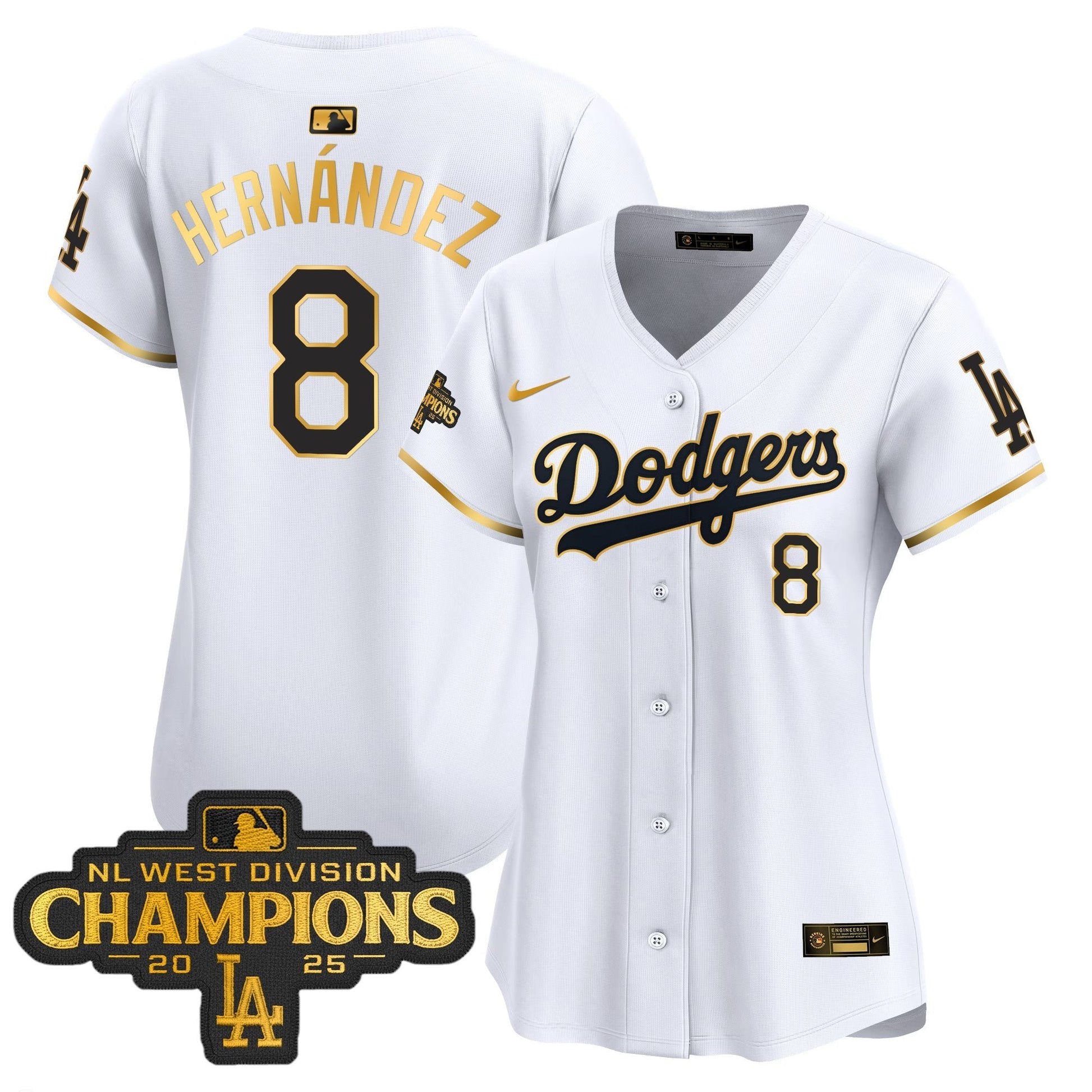 Women's Dodgers 2025 NL West Division Champions Patch Gold Trim Vapor Premier Limited Jersey - All Stitched