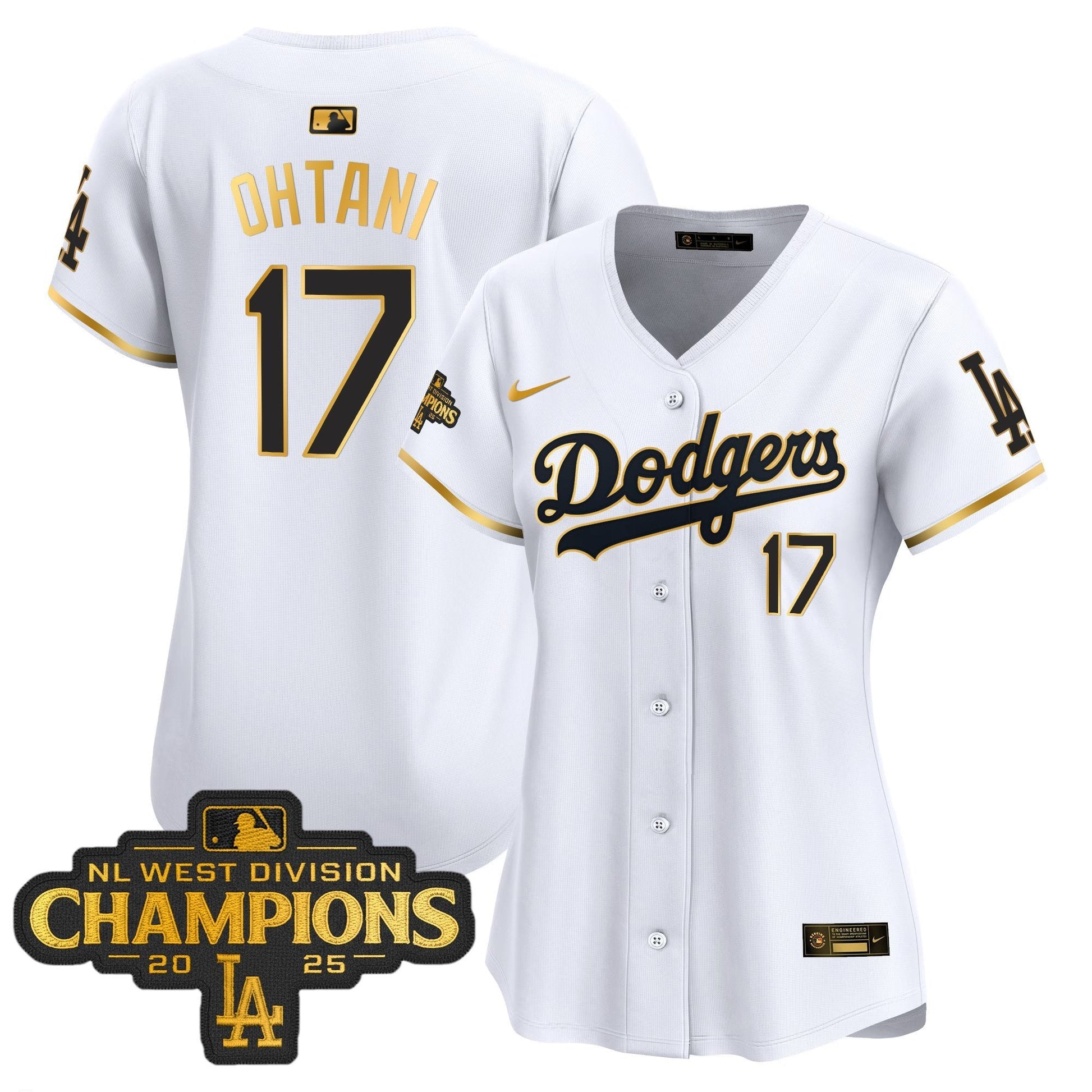 Women's Dodgers 2025 NL West Division Champions Patch Gold Trim Vapor Premier Limited Jersey - All Stitched