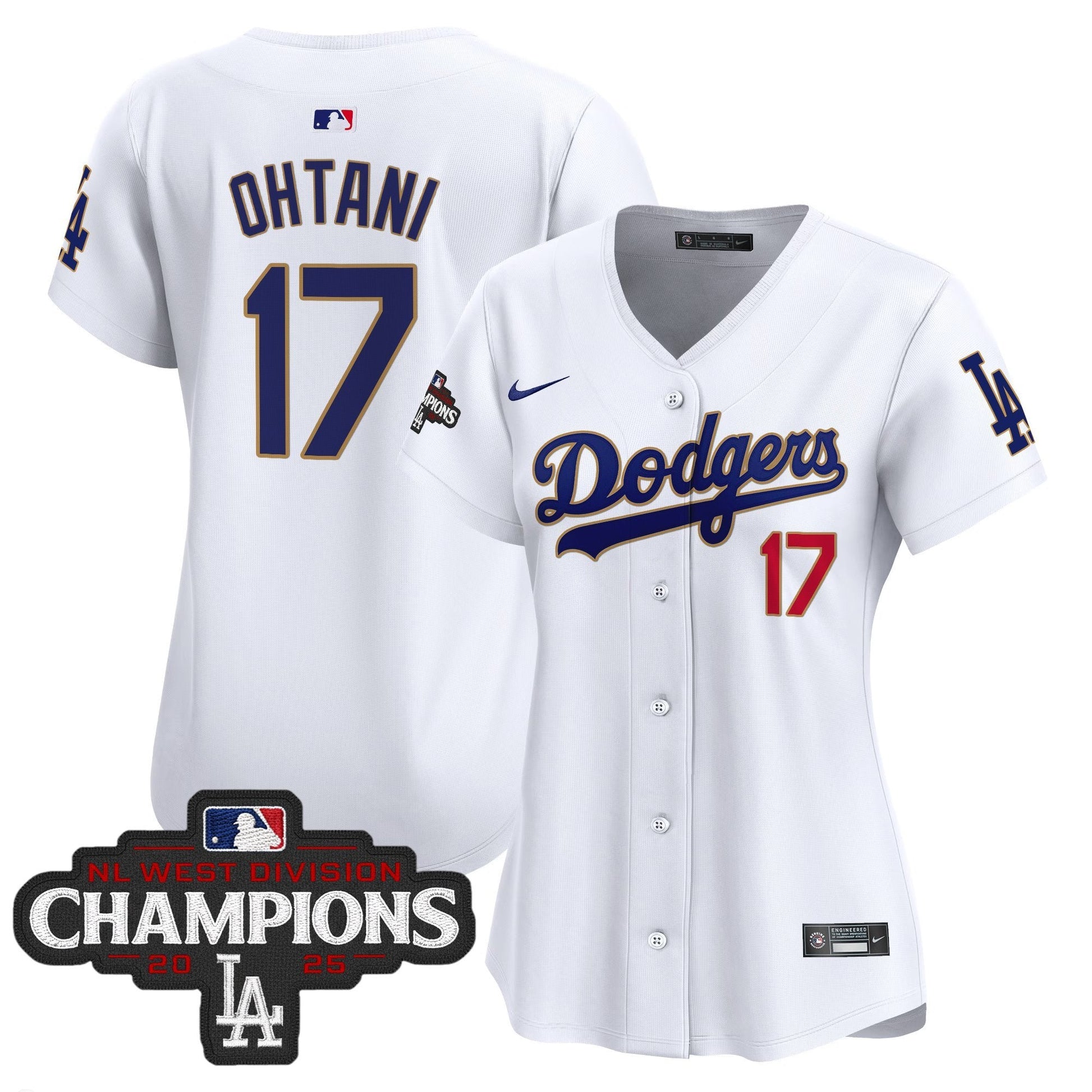 Women's Dodgers 2025 NL West Division Champions Patch Gold Trim Vapor Premier Limited Jersey - All Stitched