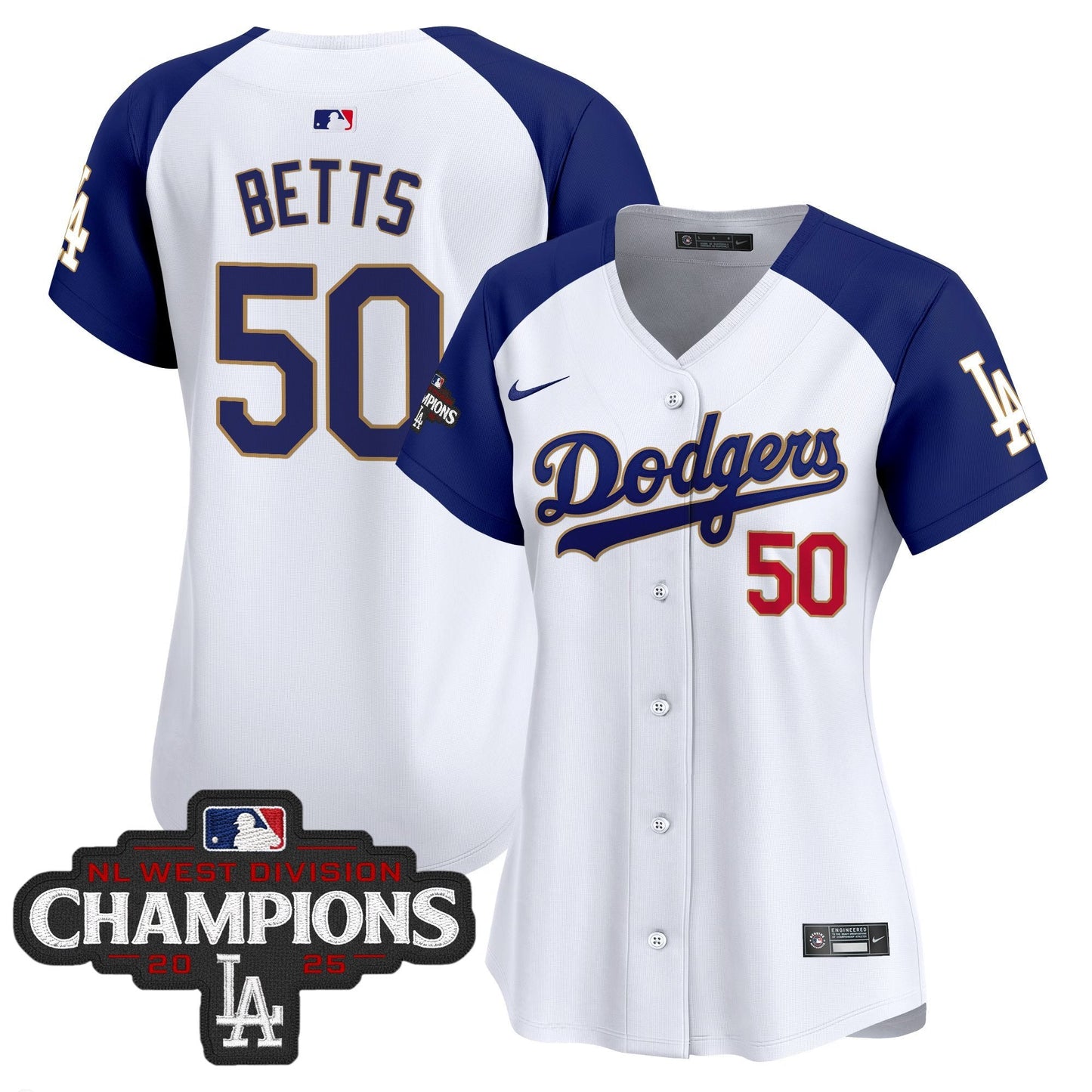 Women's Dodgers 2025 NL West Division Champions Patch Gold Trim Vapor Premier Limited Jersey - All Stitched