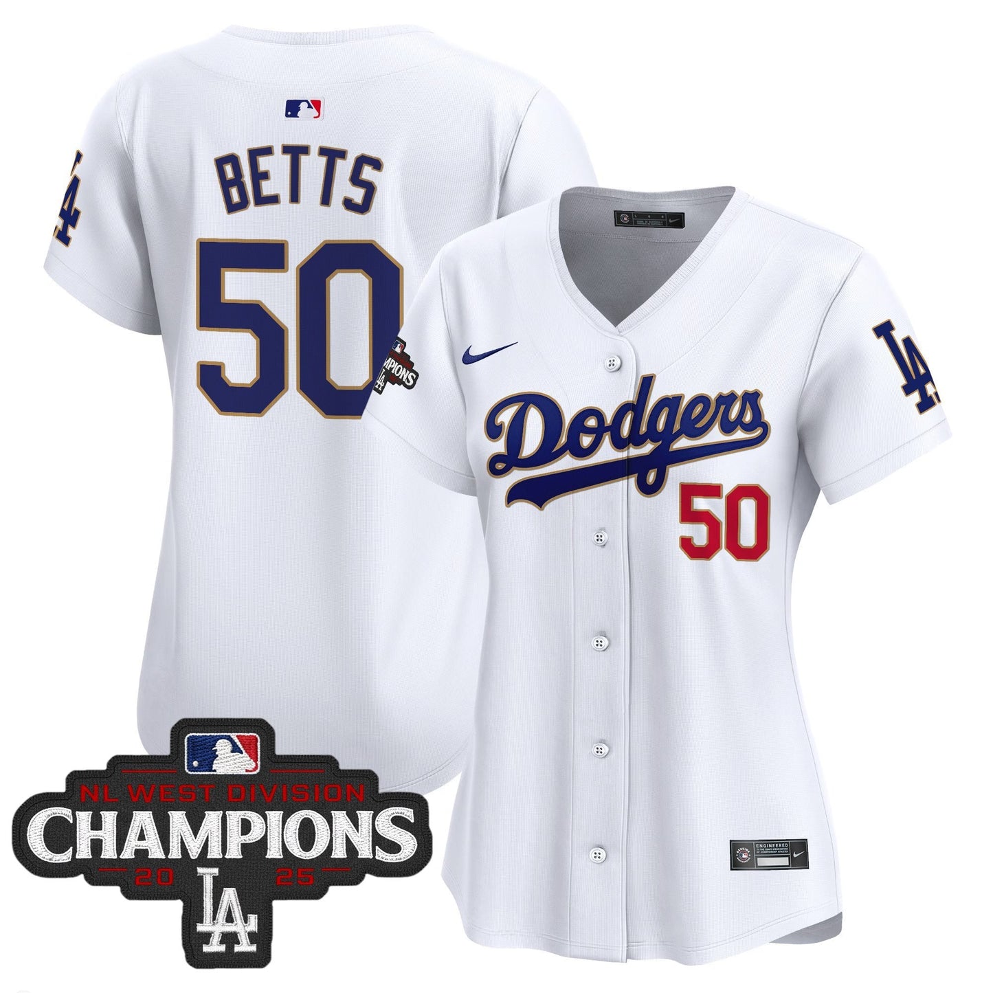 Women's Dodgers 2025 NL West Division Champions Patch Gold Trim Vapor Premier Limited Jersey - All Stitched