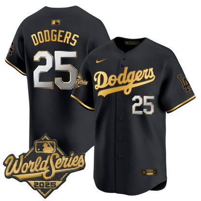 Men's Dodgers 2025 World Series Gold Trim Vapor Premier Limited Jersey - All Stitched