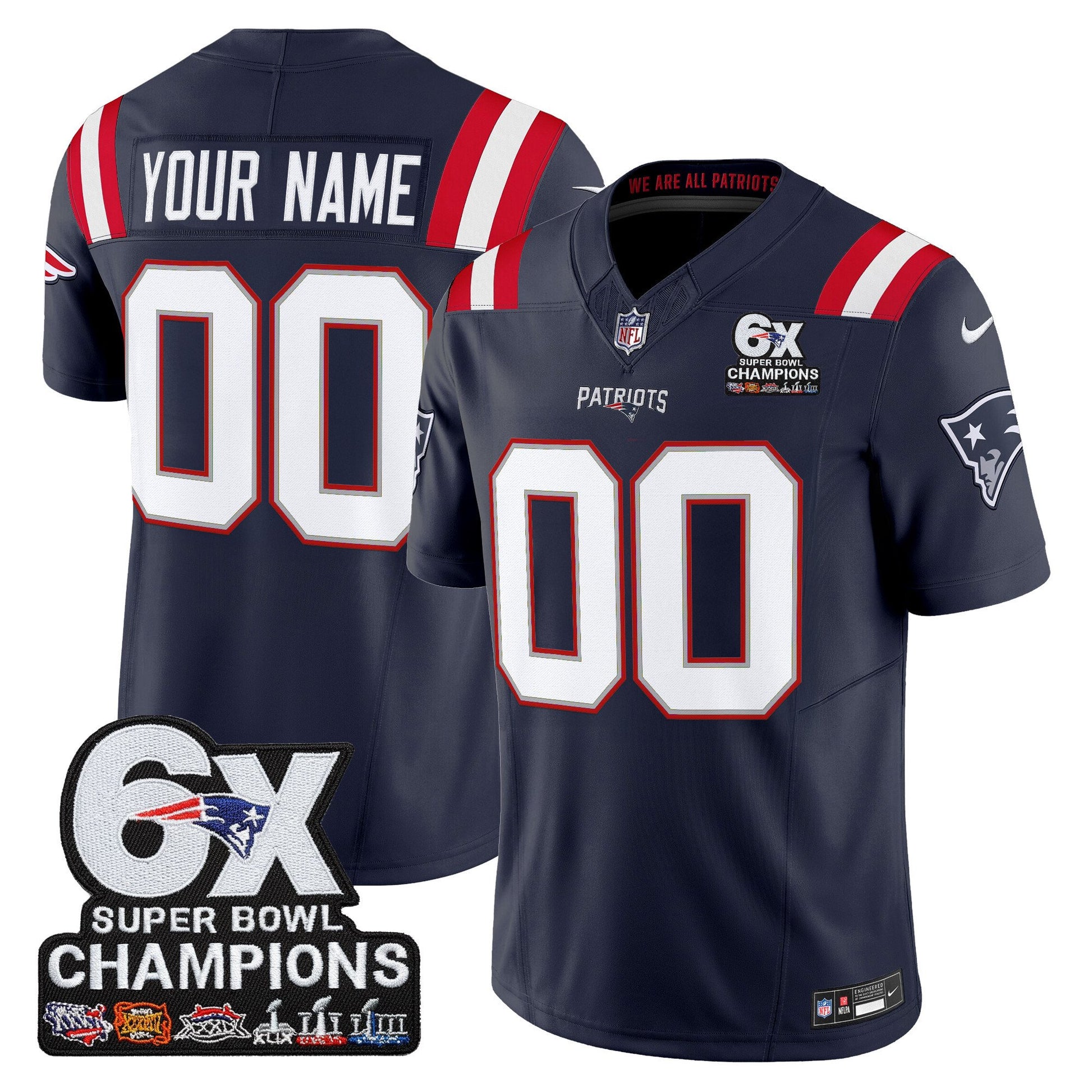 New England Patriots 6-Time Champions Patch Vapor Limited Custom Jersey - All Stitched