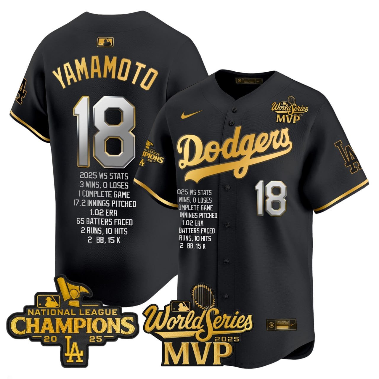 Yoshinobu Yamamoto Dodgers World Series Champions MVP Patch Black Jersey - All Stitched