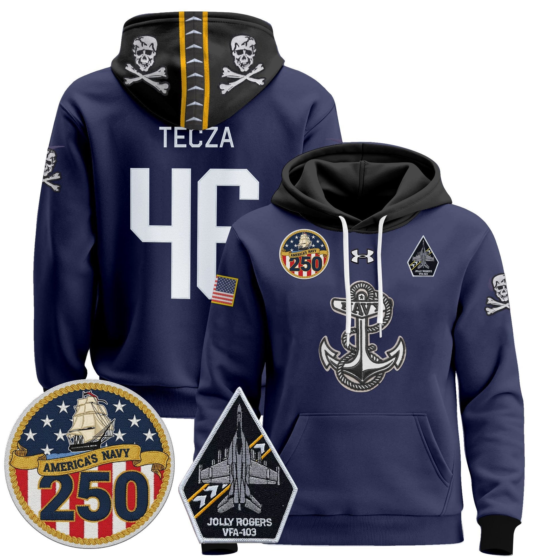 Men's Navy Midshipmen 'Jolly Rogers Edition' Pullover Hoodie - 250th Anniversary Patch - Stitched