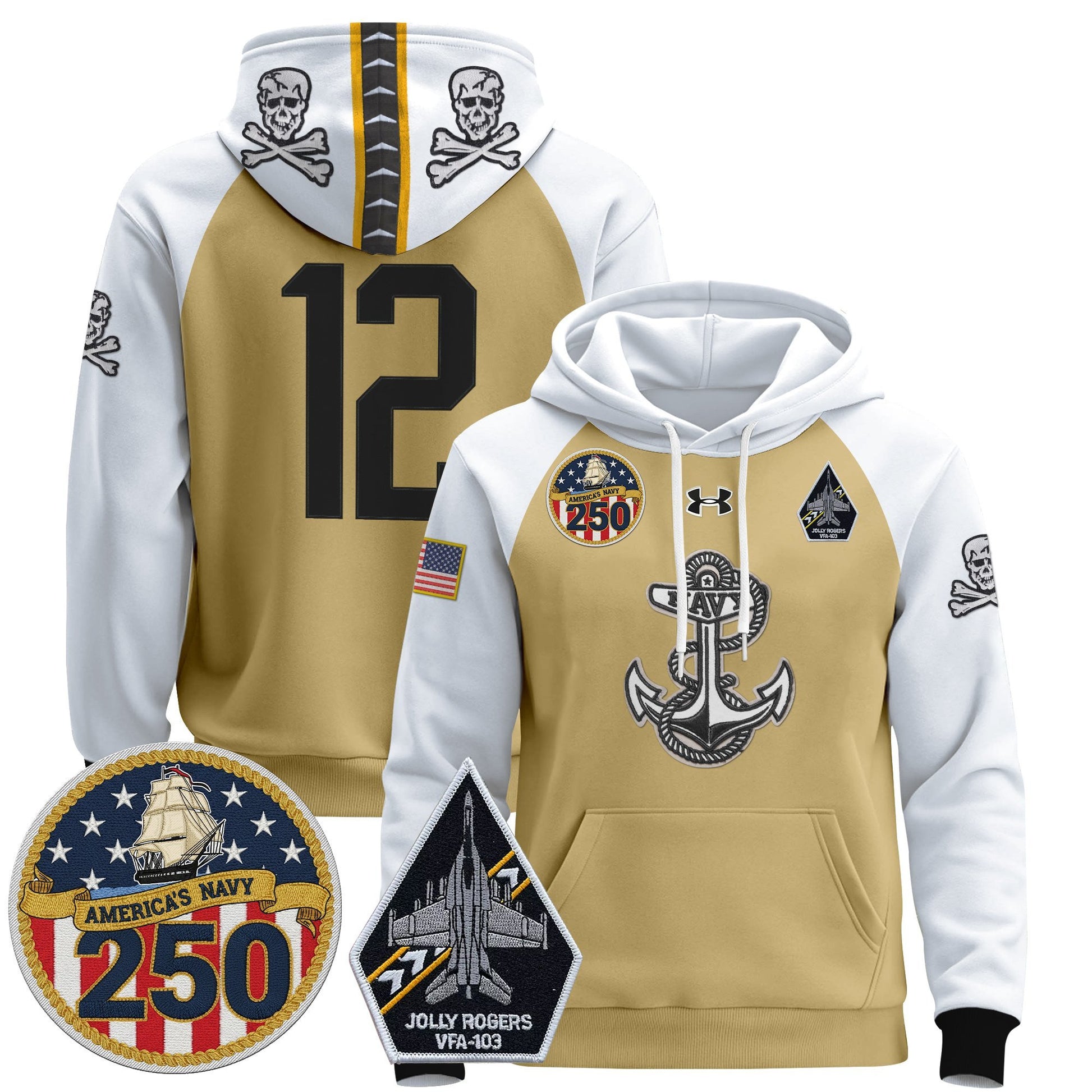 Men's Navy Midshipmen 'Jolly Rogers Edition' Pullover Hoodie - 250th Anniversary Patch - Stitched