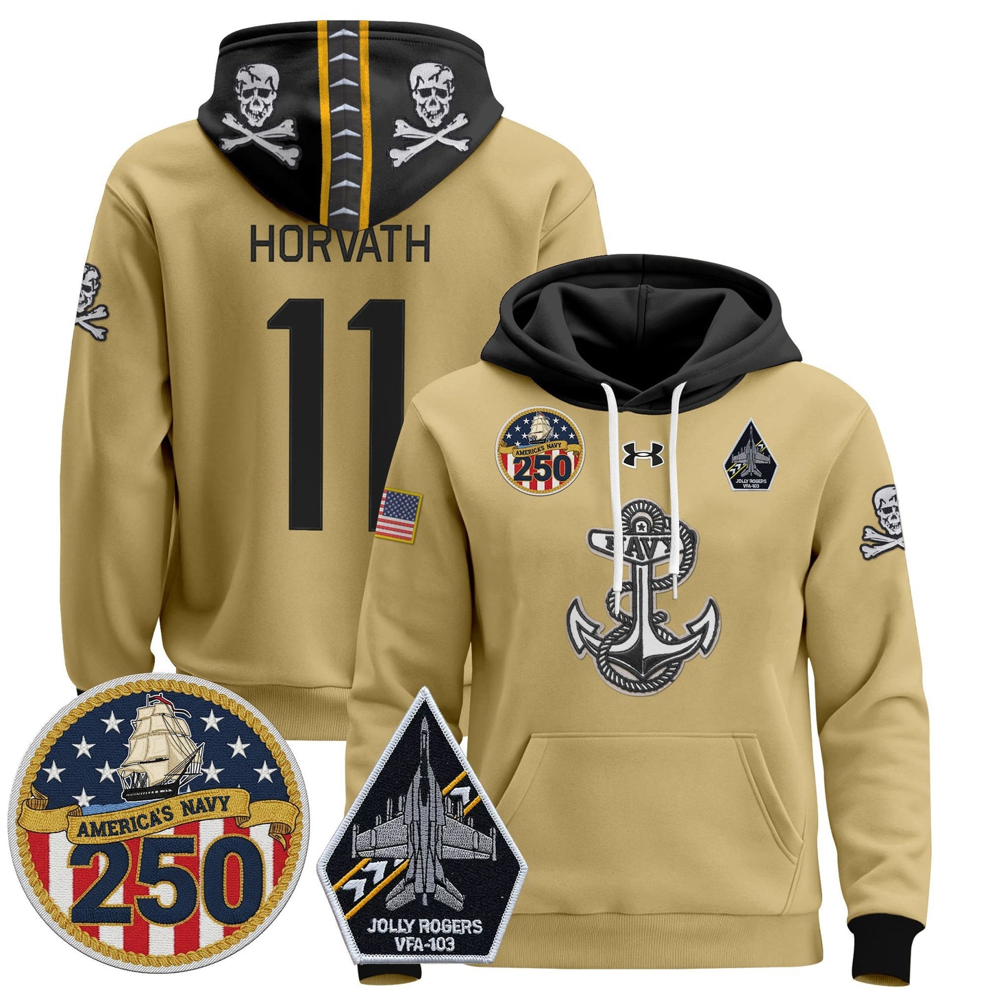 Men's Navy Midshipmen 'Jolly Rogers Edition' Pullover Hoodie - 250th Anniversary Patch - Stitched