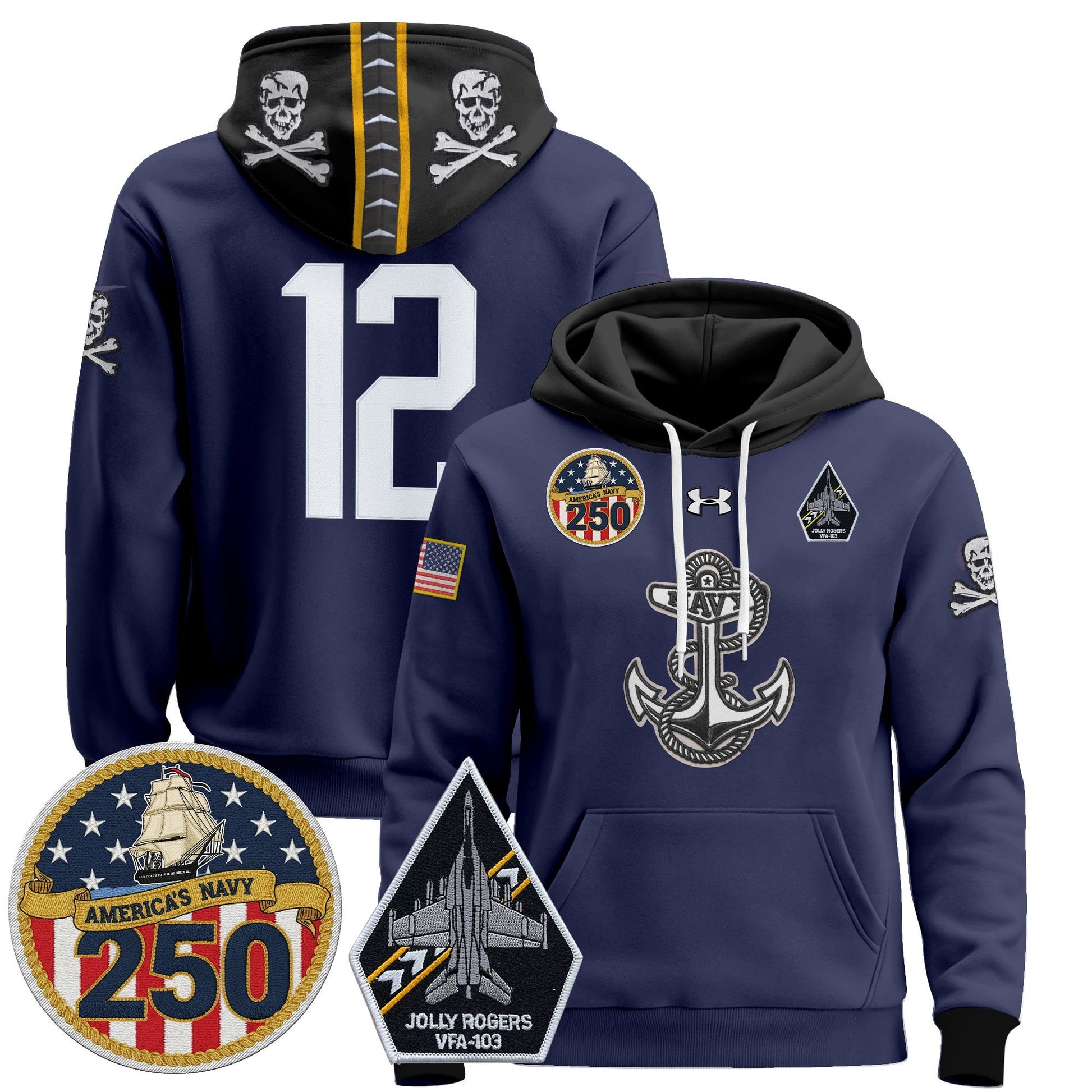 Men's Navy Midshipmen 'Jolly Rogers Edition' Pullover Hoodie - 250th Anniversary Patch - Stitched