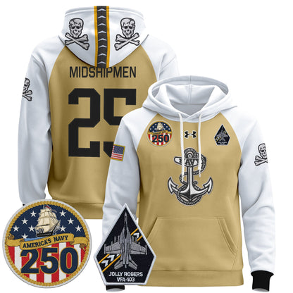Men's Navy Midshipmen 'Jolly Rogers Edition' Pullover Hoodie - 250th Anniversary Patch - Stitched