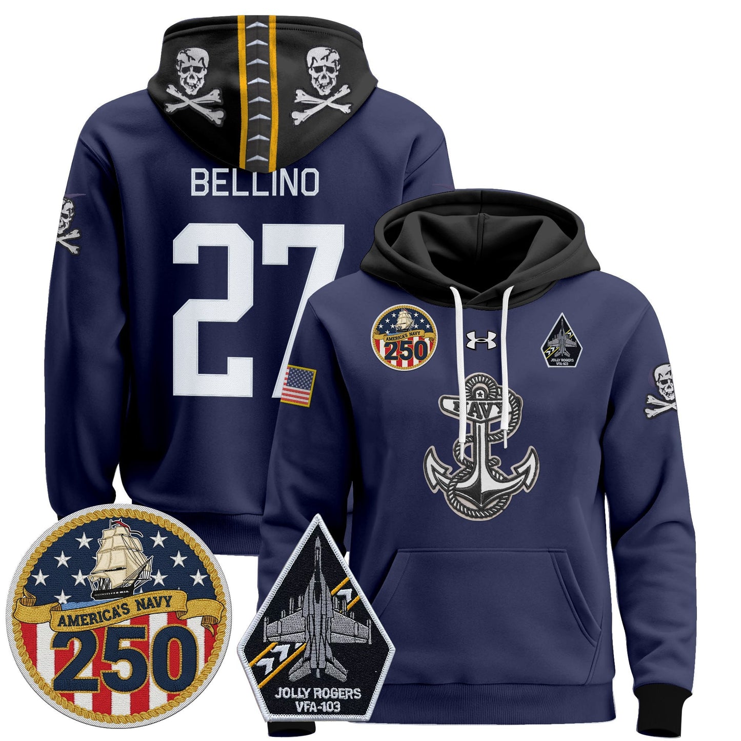 Men's Navy Midshipmen 'Jolly Rogers Edition' Pullover Hoodie - 250th Anniversary Patch - Stitched