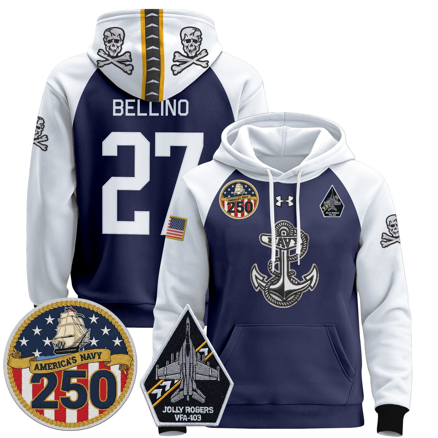 Men's Navy Midshipmen 'Jolly Rogers Edition' Pullover Hoodie - 250th Anniversary Patch - Stitched