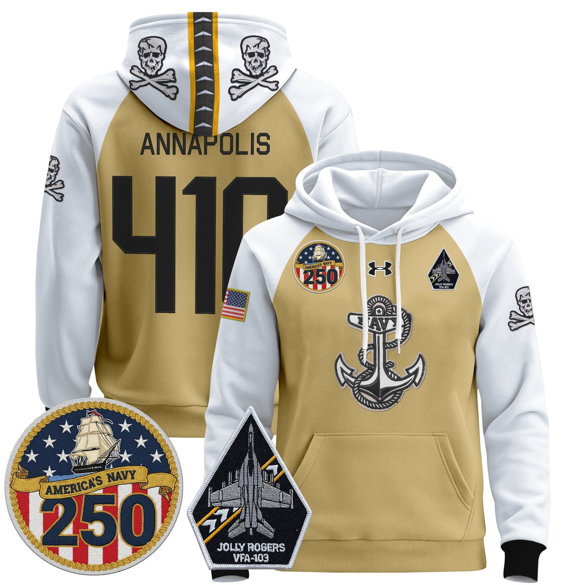 Men's Navy Midshipmen 'Jolly Rogers Edition' Pullover Hoodie - 250th Anniversary Patch - Stitched