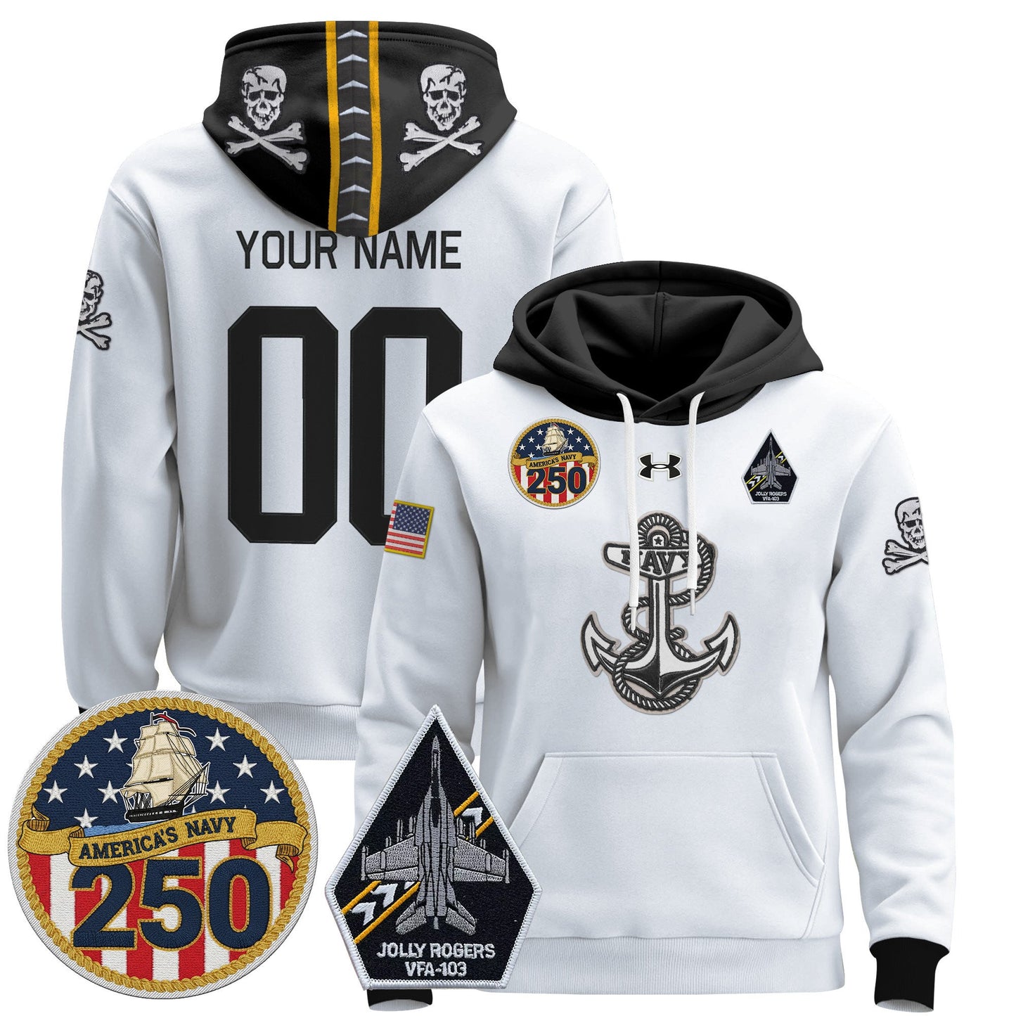 Navy Midshipmen 'Jolly Rogers Edition' Custom Pullover Hoodie - 250th Anniversary Patch - Stitched