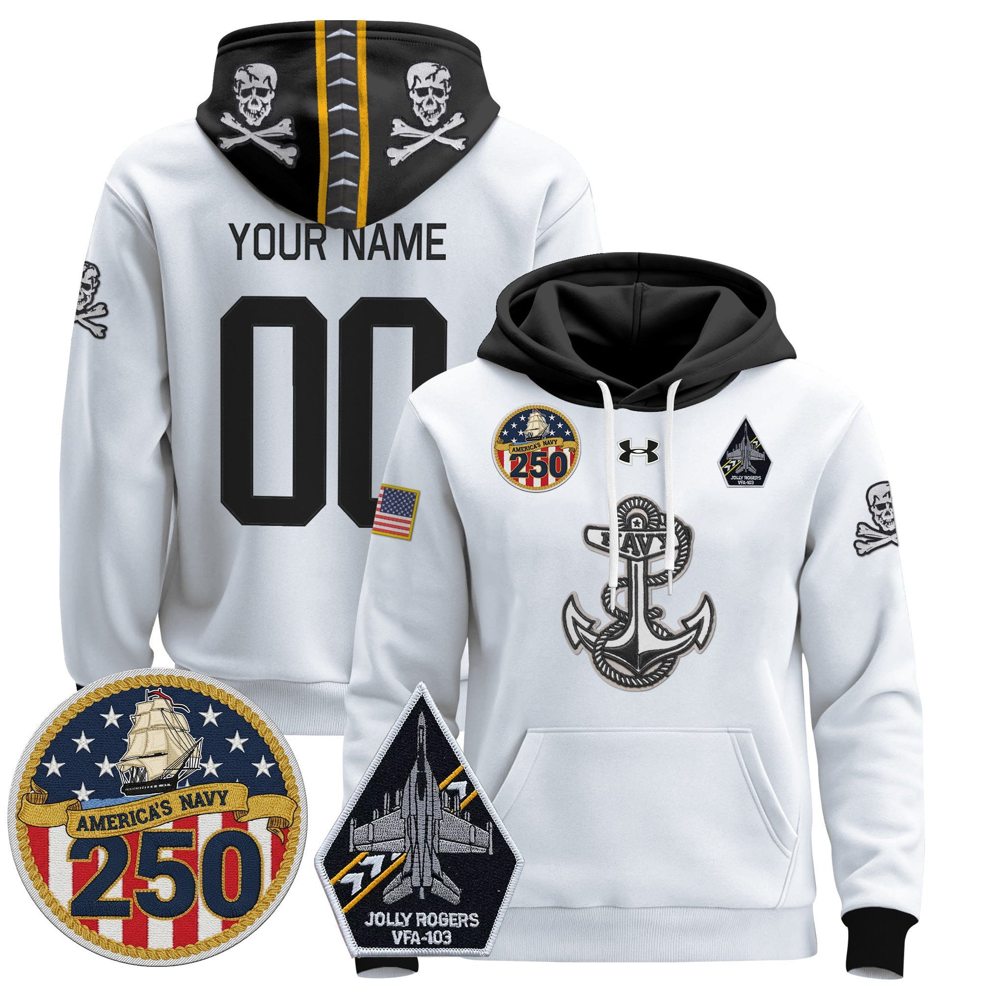 Navy Midshipmen 'Jolly Rogers Edition' Custom Pullover Hoodie - 250th Anniversary Patch - Stitched