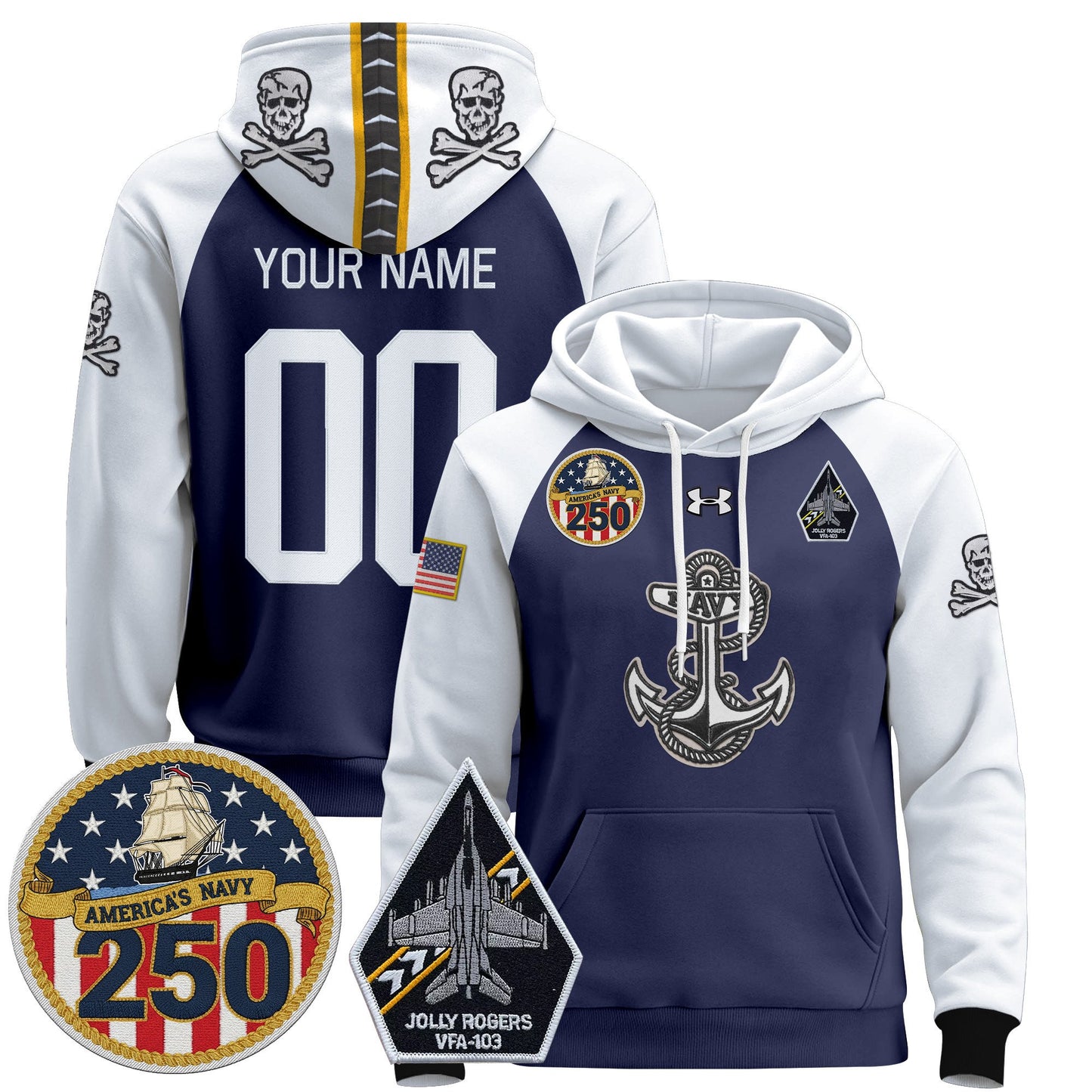 Navy Midshipmen 'Jolly Rogers Edition' Custom Pullover Hoodie - 250th Anniversary Patch - Stitched
