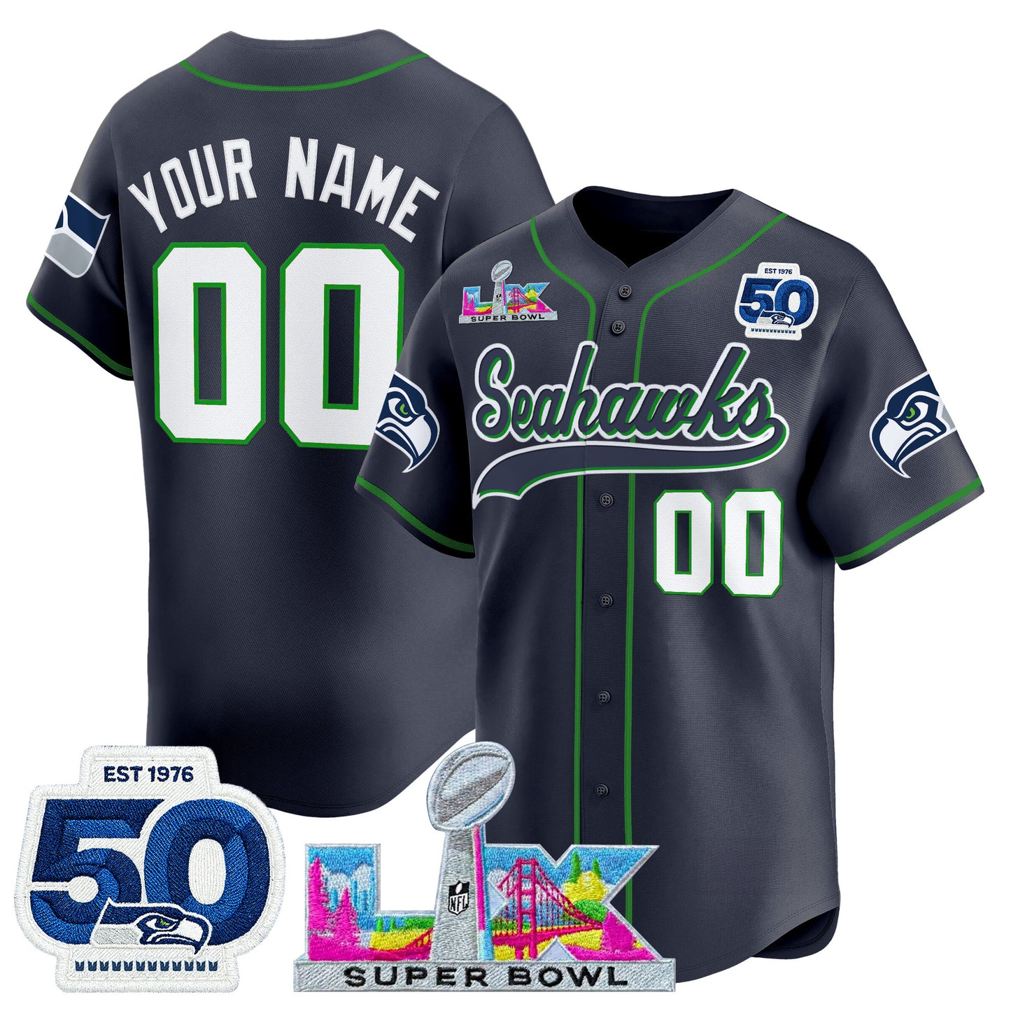 Seattle Seahawks "Super Bowl LX & United States 250th Anniversary Patch" Vapor Baseball Custom Jersey - All Stitched