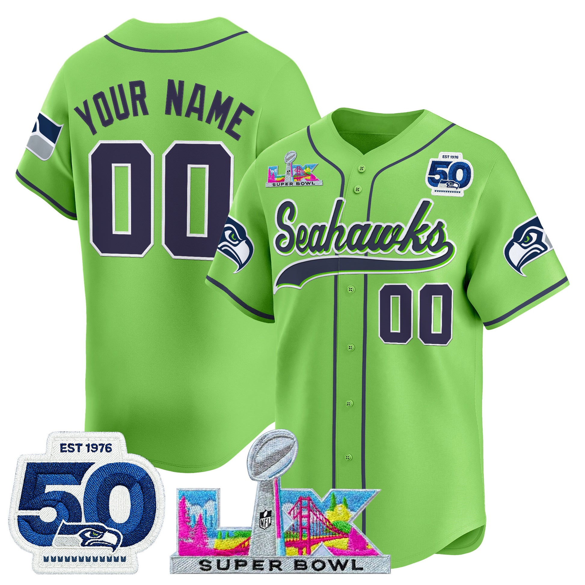 Seattle Seahawks "Super Bowl LX & United States 250th Anniversary Patch" Vapor Baseball Custom Jersey - All Stitched