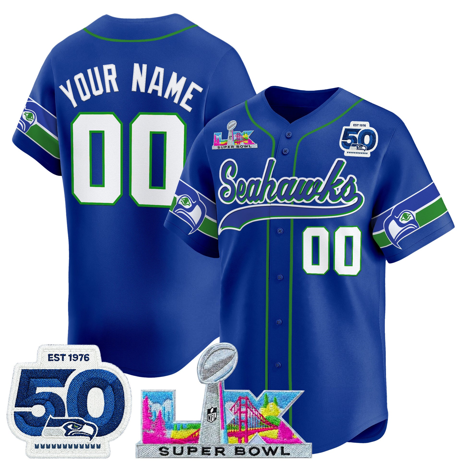 Seattle Seahawks "Super Bowl LX & United States 250th Anniversary Patch" Vapor Baseball Custom Jersey - All Stitched