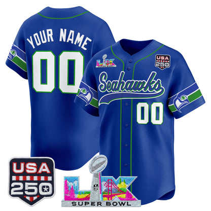 Seattle Seahawks "Super Bowl LX & 250America Patch" Vapor Baseball Custom Jersey - All Stitched