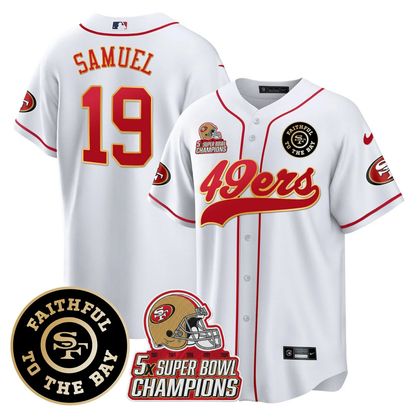 49ers Faithful To The Bay & 5x Champions Patch Baseball Jersey - All Stitched