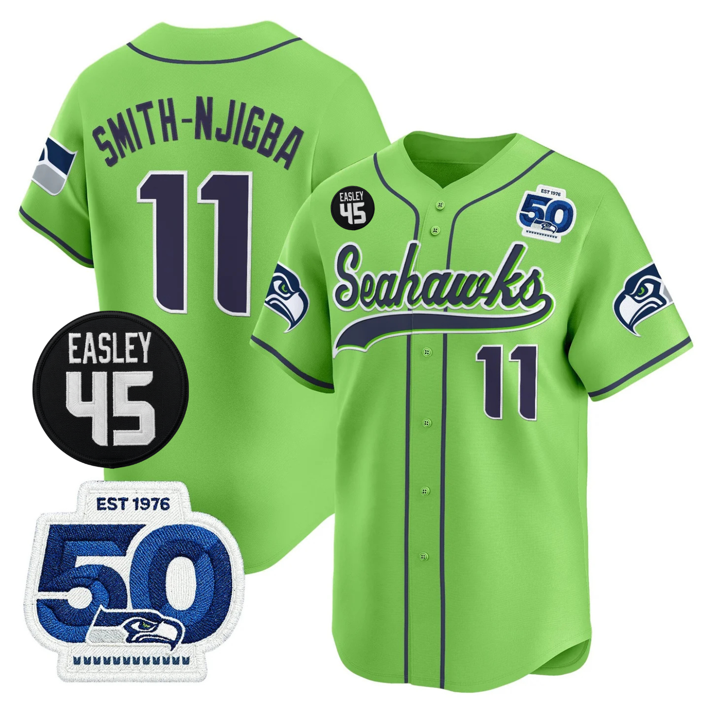 Seattle Seahawks 50th & Easley Tribute Patch Vapor Baseball Jersey - All Stitched