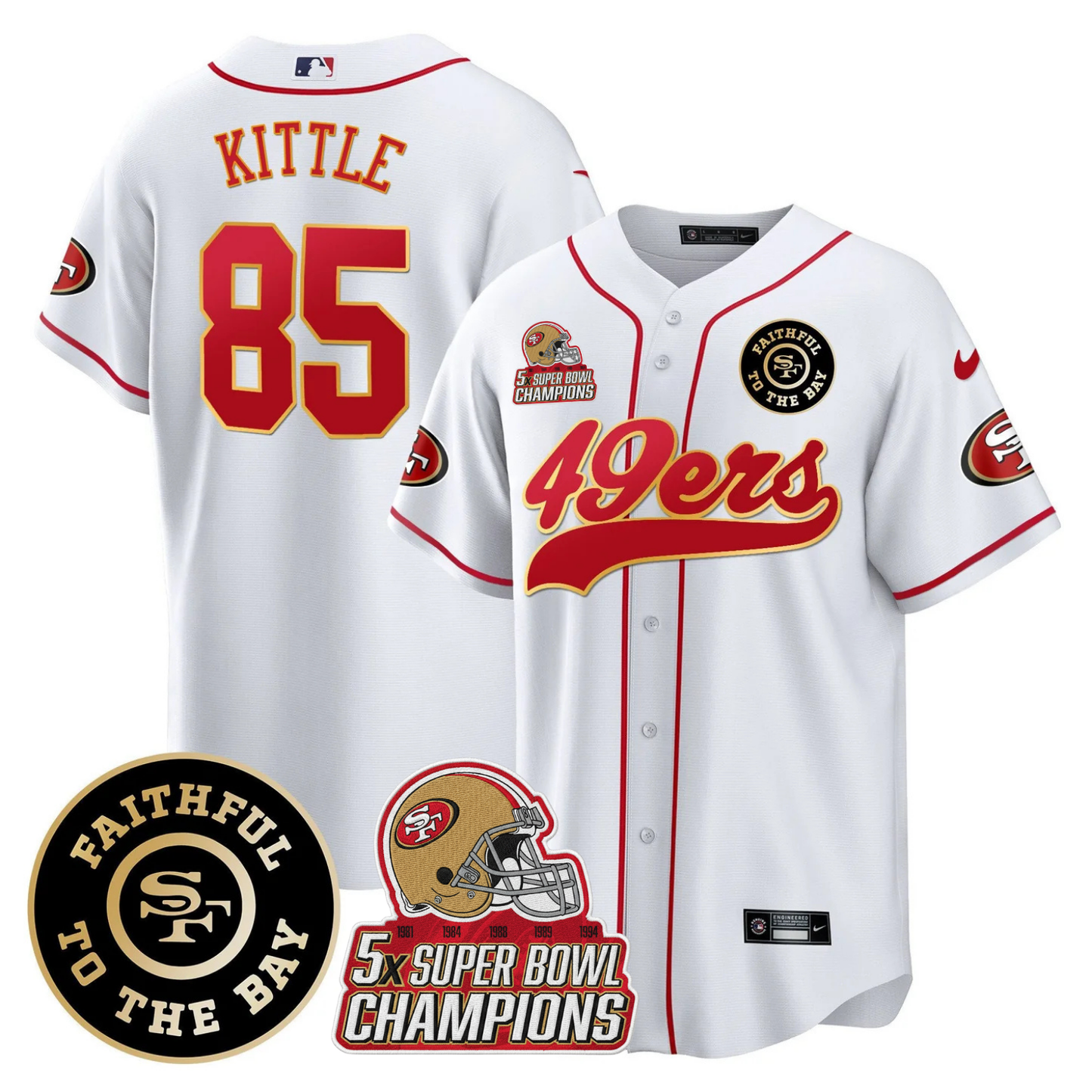 49ers Faithful To The Bay & 5x Champions Patch Baseball Jersey - All Stitched
