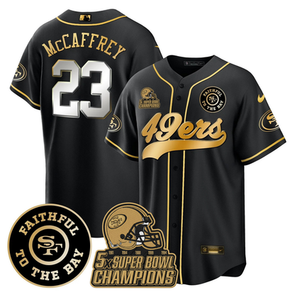 49ers Faithful To The Bay & 5x Champions Patch Baseball Jersey - All Stitched