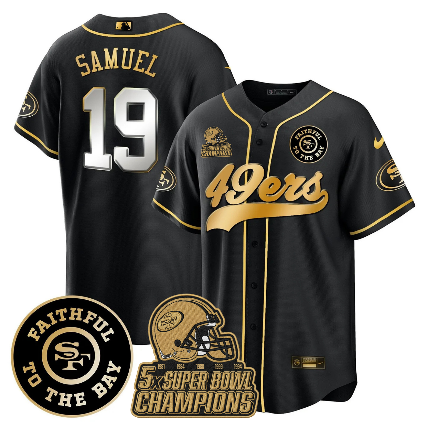 49ers Faithful To The Bay & 5x Champions Patch Baseball Jersey - All Stitched