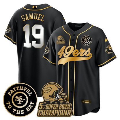 49ers Faithful To The Bay & 5x Champions Patch Baseball Jersey - All Stitched