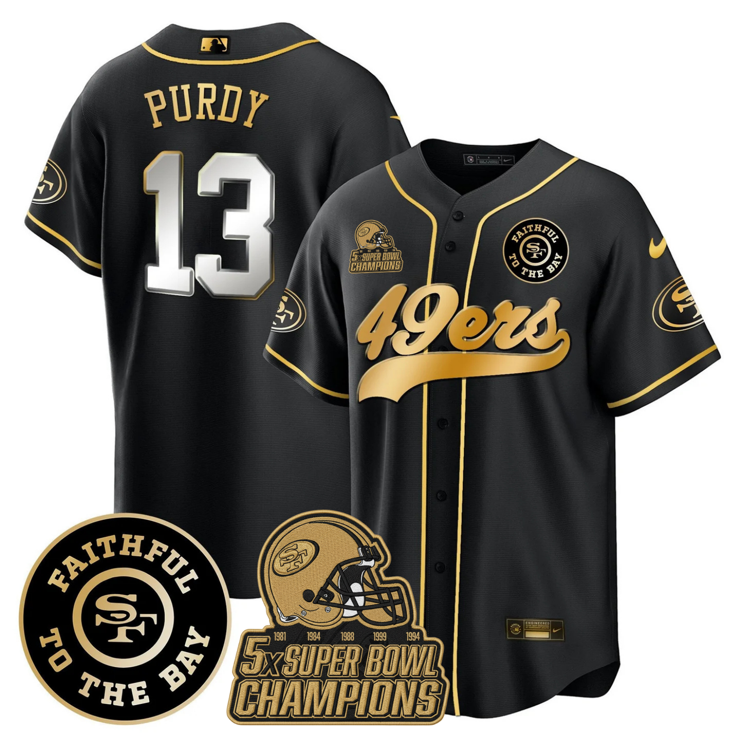 49ers Faithful To The Bay & 5x Champions Patch Baseball Jersey - All Stitched