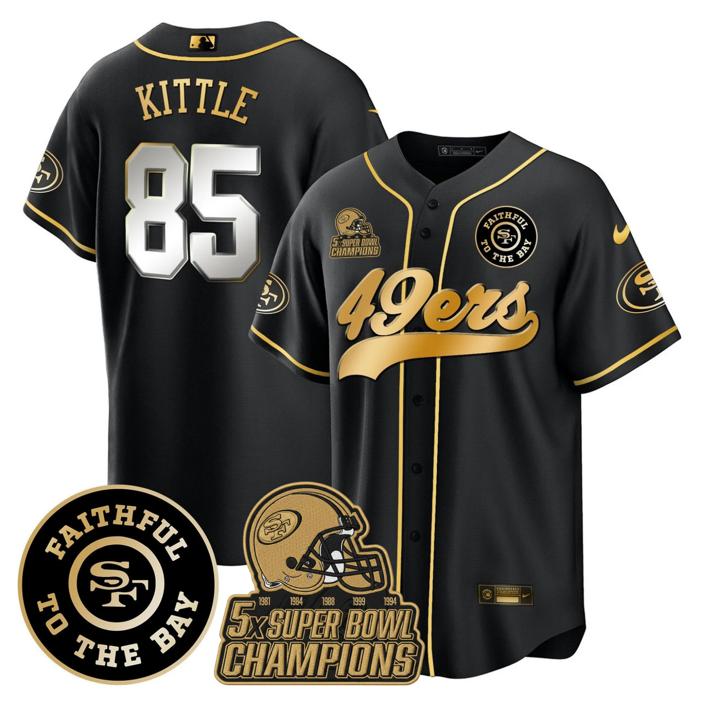 49ers Faithful To The Bay & 5x Champions Patch Baseball Jersey - All Stitched