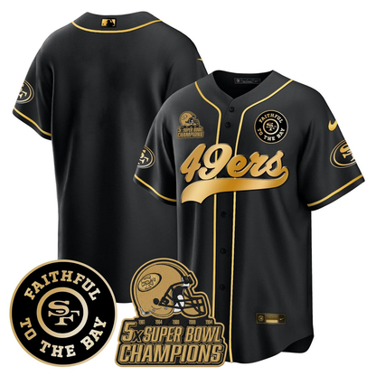 49ers Faithful To The Bay & 5x Champions Patch Baseball Jersey - All Stitched