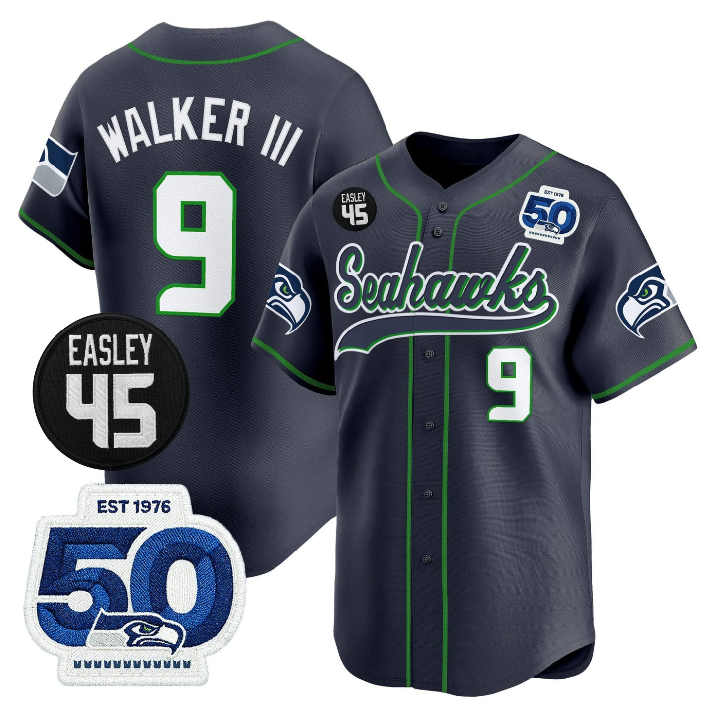 Seattle Seahawks 50th & Easley Tribute Patch Vapor Baseball Jersey - All Stitched