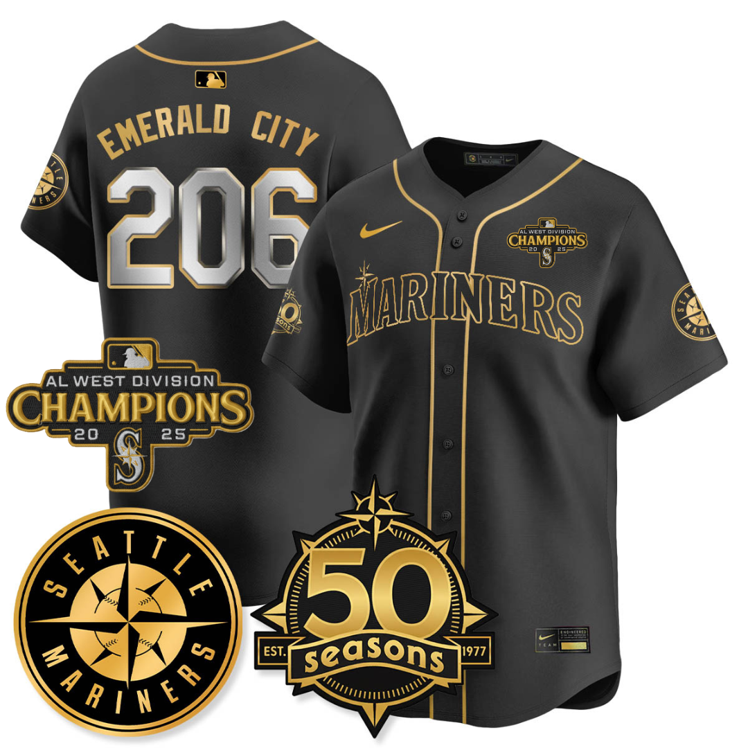SEA Vapor Premier Limited Jersey - 50th Anniversary & AL West Division Champions - All Stitched Black Gold / Emerald