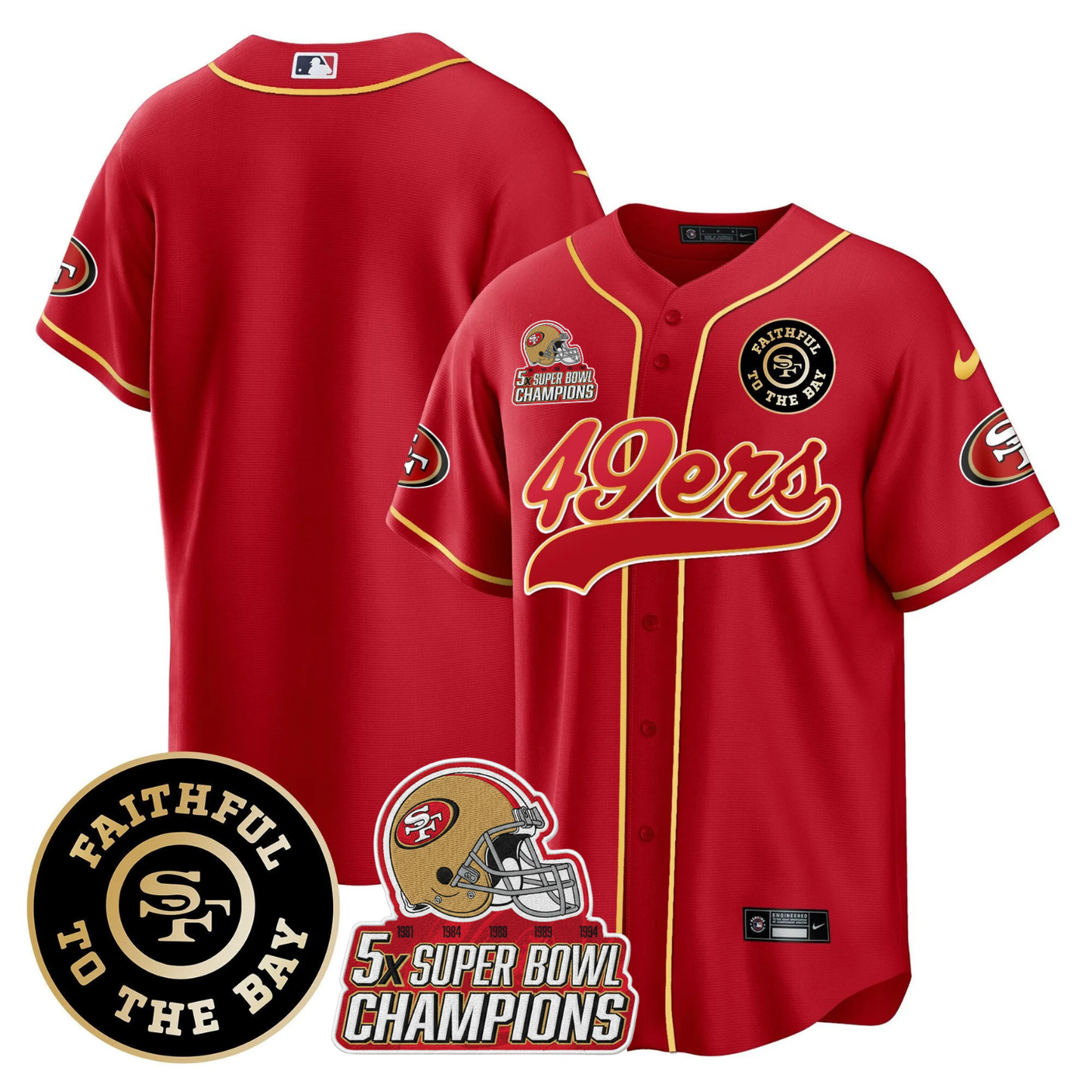 49ers Faithful To The Bay & 5x Champions Patch Baseball Jersey - All Stitched