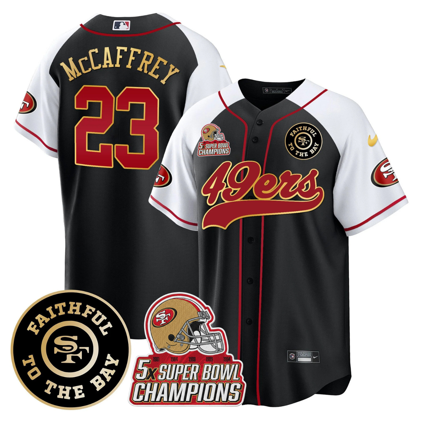 49ers Faithful To The Bay & 5x Champions Patch Baseball Jersey - All Stitched