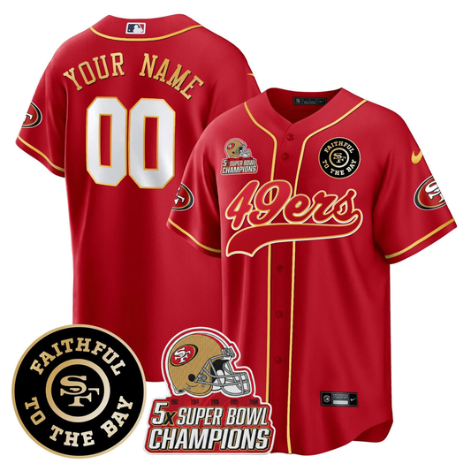 Custom 49ers Faithful To The Bay & 5x Champions Patch Baseball Jersey - All Stitched