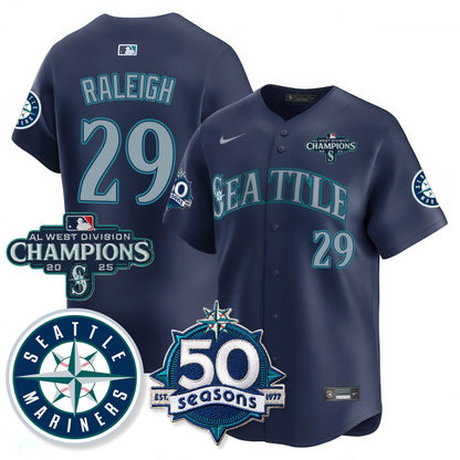 SEA Vapor Premier Limited Jersey - 50th Anniversary & AL West Division Champions - All Stitched Navy / Cal Raleigh - 29