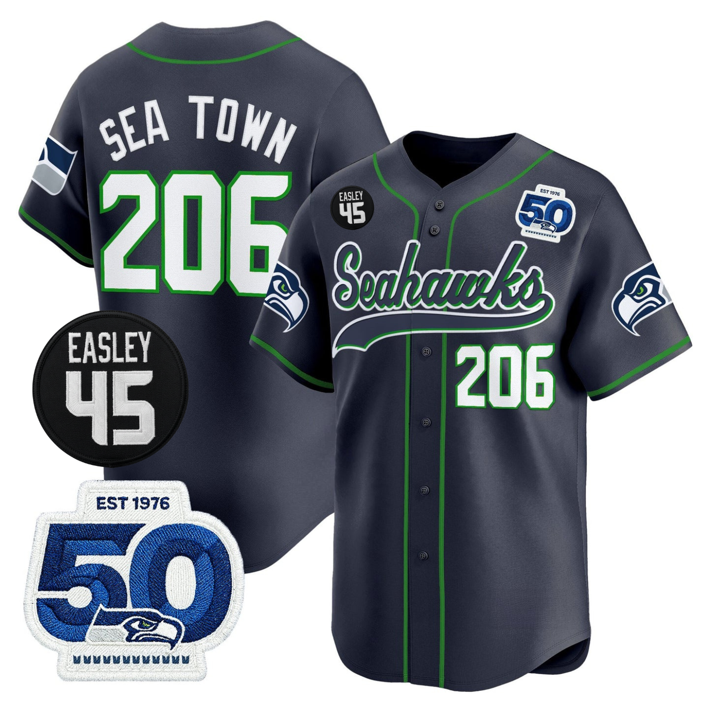 Seattle Seahawks 50th & Easley Tribute Patch Vapor Baseball Jersey - All Stitched