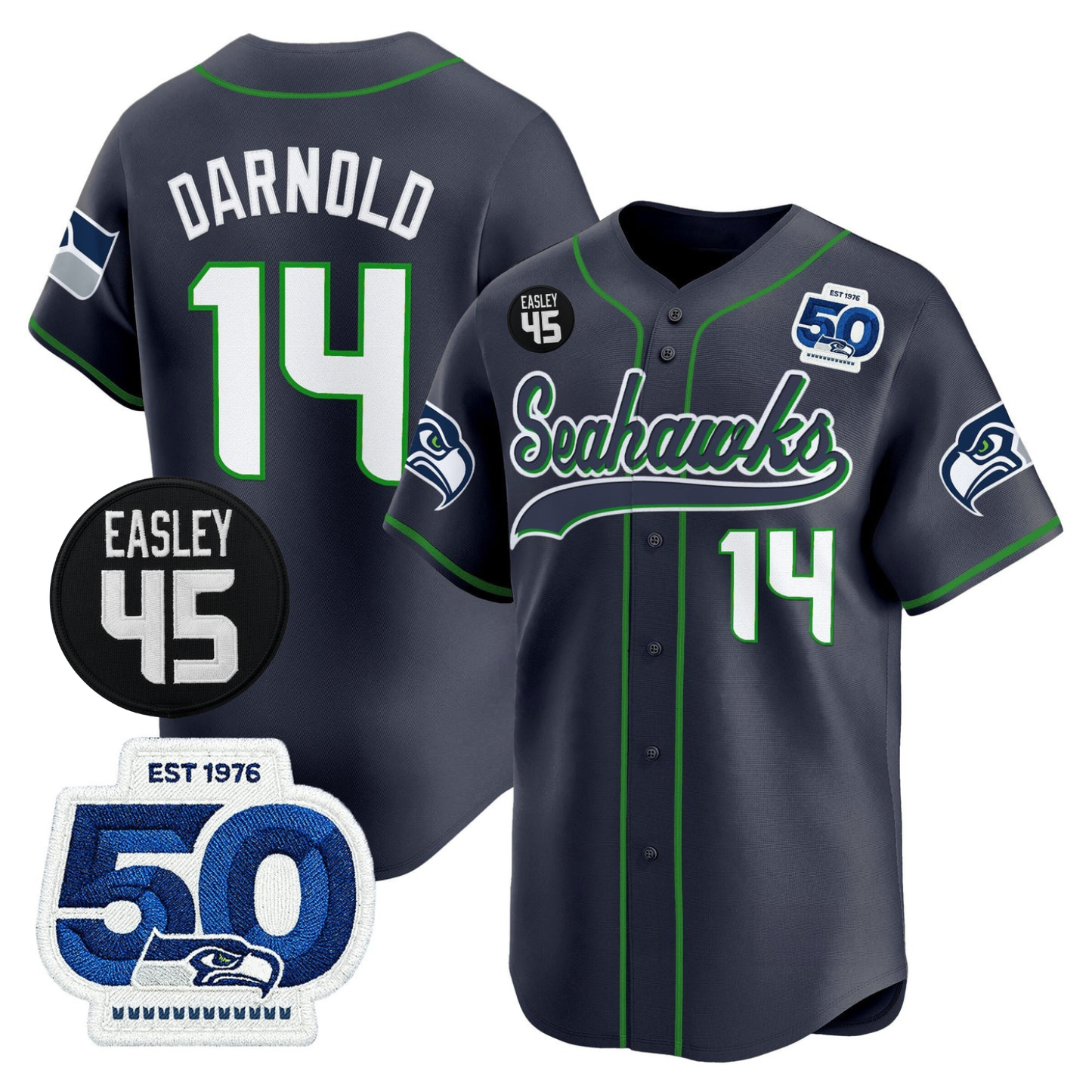 Seattle Seahawks 50th & Easley Tribute Patch Vapor Baseball Jersey - All Stitched