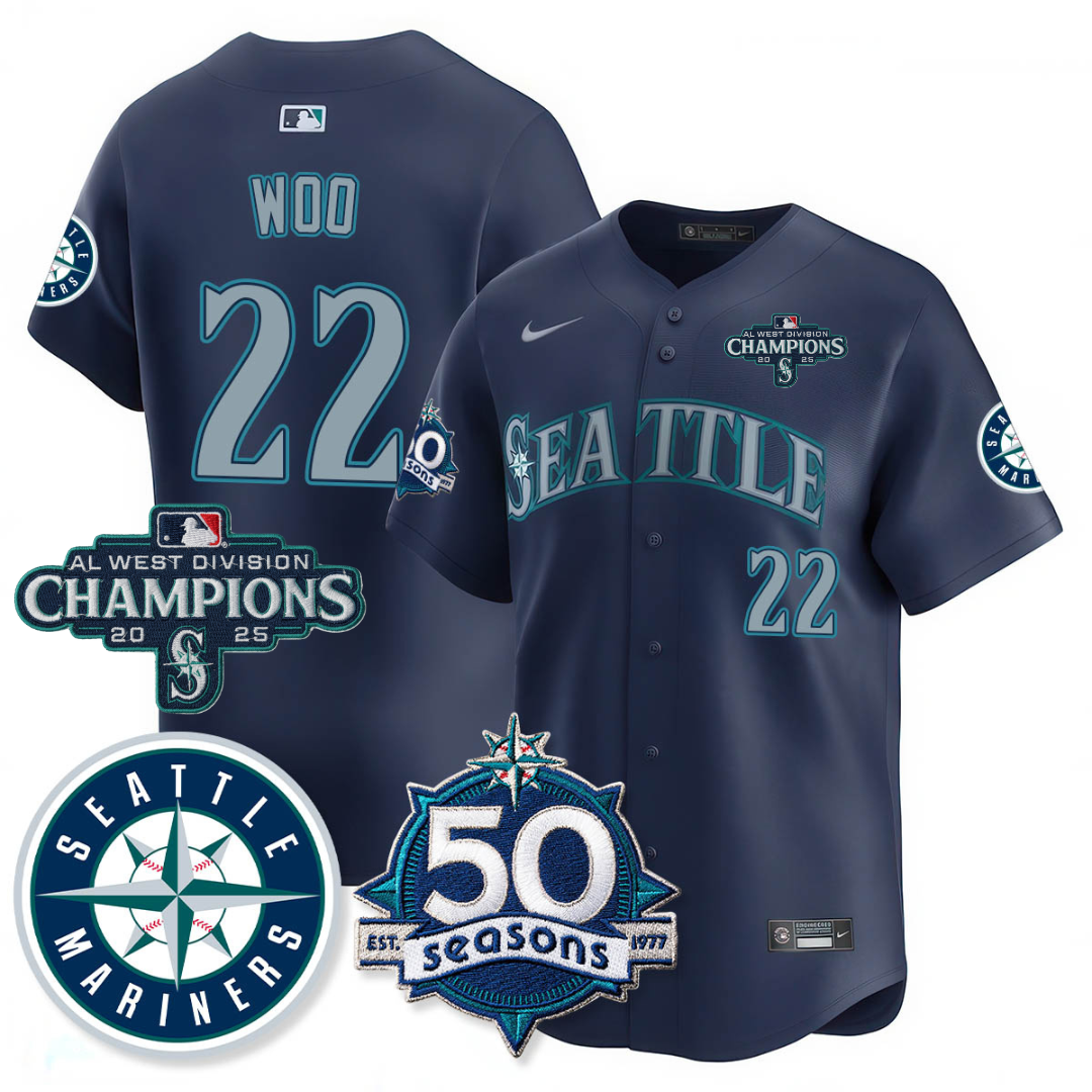SEA Vapor Premier Limited Jersey - 50th Anniversary & AL West Division Champions - All Stitched Navy / Bryan Woo - 22