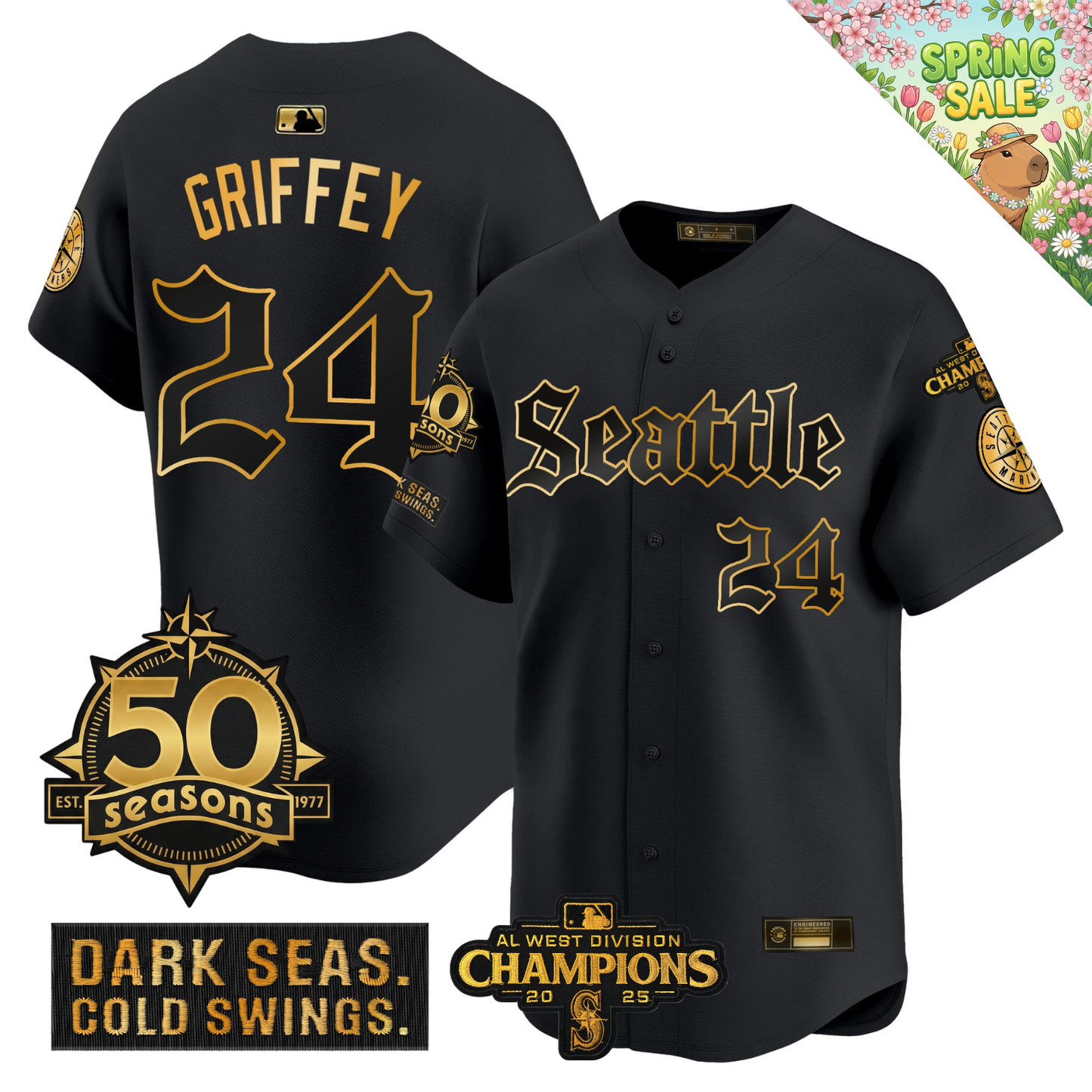 SEA Vapor Limited Gold Jersey - 50th Anniversary & 2025 AL West Champs Patch - All Stitched